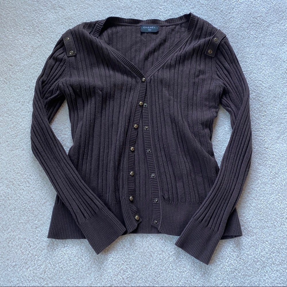 CHANEL Dark Brown Ribbed Cardigan